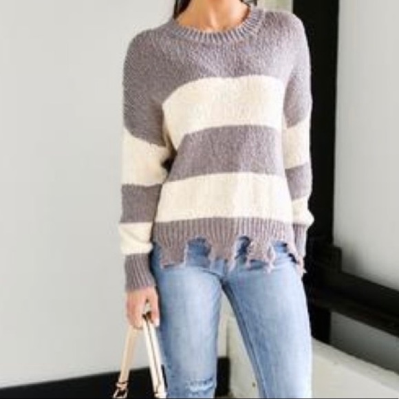Fab'rik Striped Distressed Sweater Grey & Cream Size O/S - Picture 1 of 10